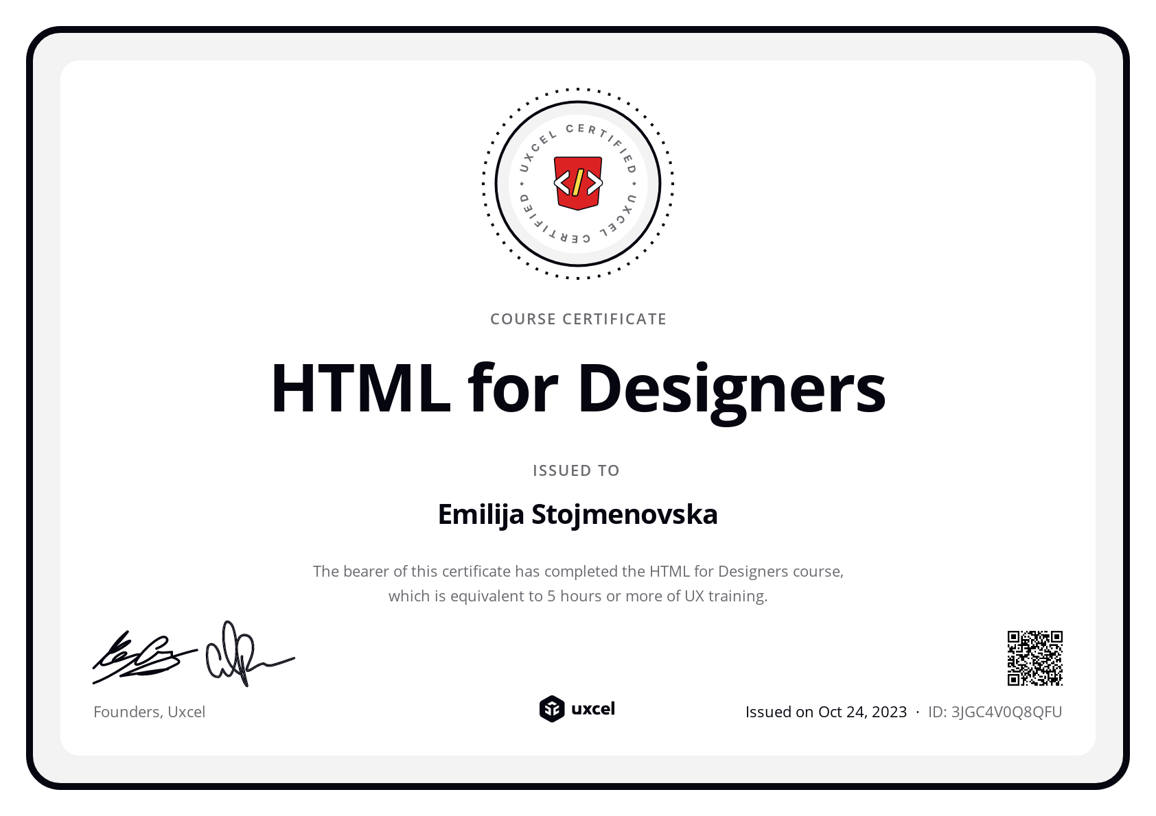Emilija Stojmenovska's certificate